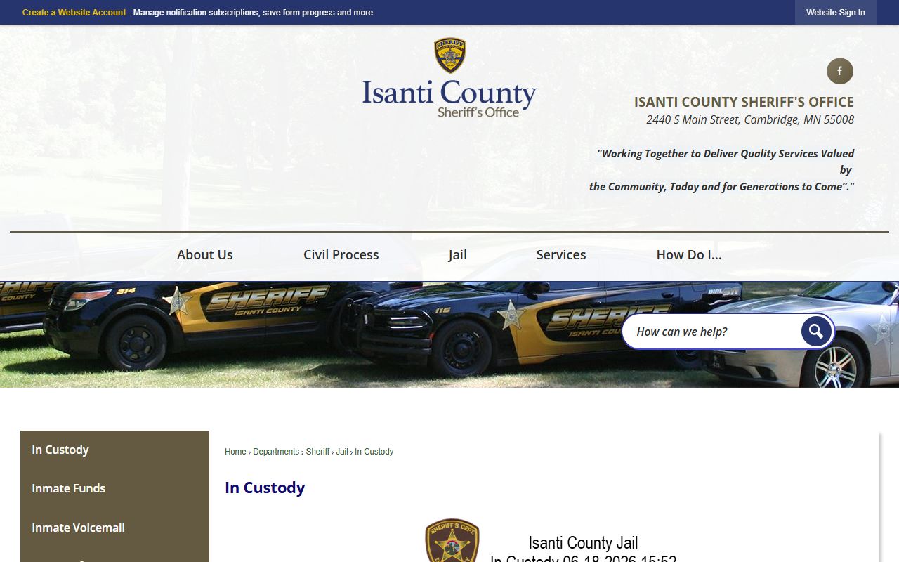Isanti County inmate records in-custody page linking to the official jail roster