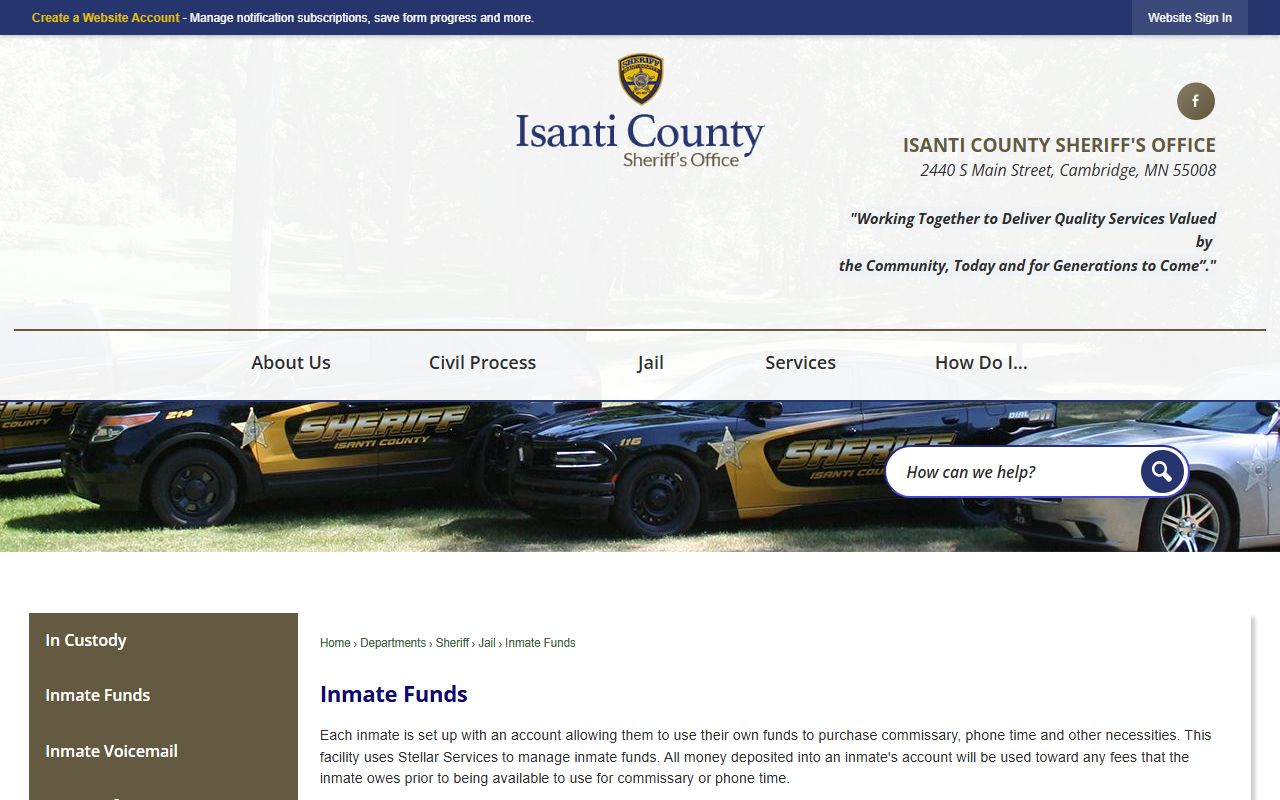 Isanti County Jail inmate funds page with JailATM and Reliance Telephone information